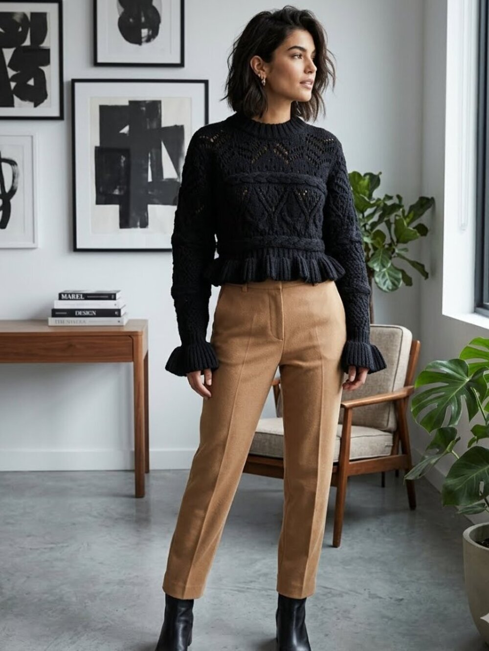 Zara Women's Size S Black Chunky Knit Bell Sleeve Open Weave Cropped Sweater